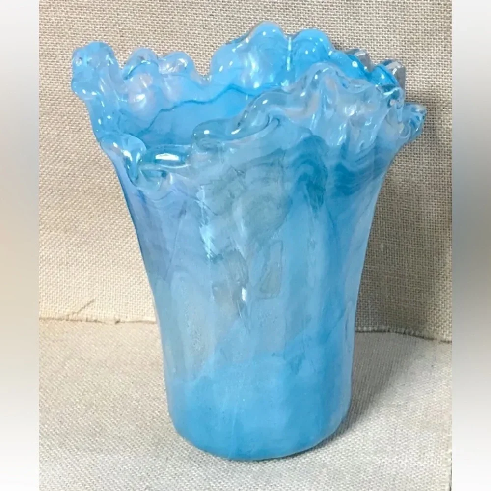 Blue Ripple Swirl Art Glass Vase Scalloped Asymmetrical Rim Beach Coastal Ocean